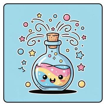 Colorful potion bottle with smiling face.