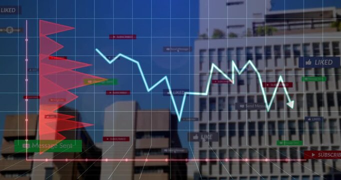 Grid fading, bars rising, pointer plotting tagged line, collapsing illustrating engagement trends