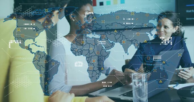 Three business team unfolding discussion, world map overlay growing with data icons and clusters