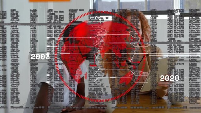 Coworkers tapping tablet screen in office while animated red map and code visualizing business data