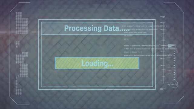 Centered loading window processing data, yellow block appearing then filling bar, showing progress