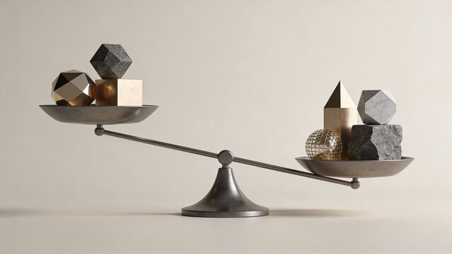 Abstract Imbalance Geometric Shapes and Natural Stones on a Classic Balance Scale