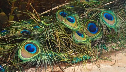 Fototapeta premium A close-up of vibrant peacock feathers on a wooden surface