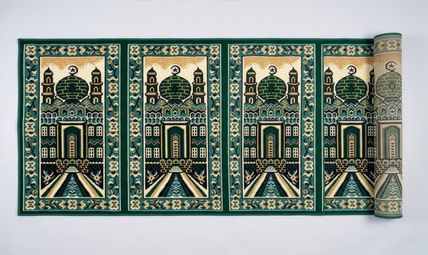 Islamic Prayer Mat Carpet Pattern with Mosque Design in Green and Beige Tones