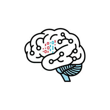 Brain Icon with Binary Code and Network Lines