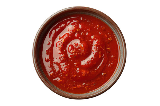 Spicy red chili sauce or salsa dip in brown bowl, fresh flavorful savory condiment, transparent background