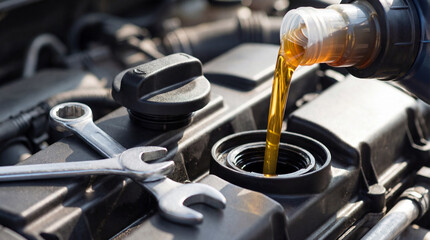 Pouring Fresh Engine Oil into Car Motor during Maintenance Service in Workshop