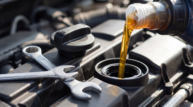 Pouring Fresh Engine Oil into Car Motor during Maintenance Service in Workshop