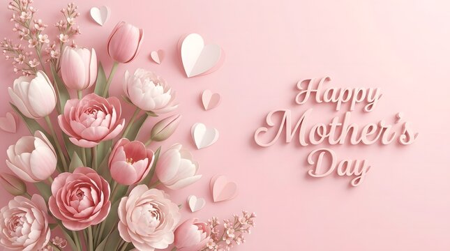 A realistic 3D render of delicate pink tulips and paper hearts on a soft pastel background with elegant "Happy Mother's Day" 3D text.