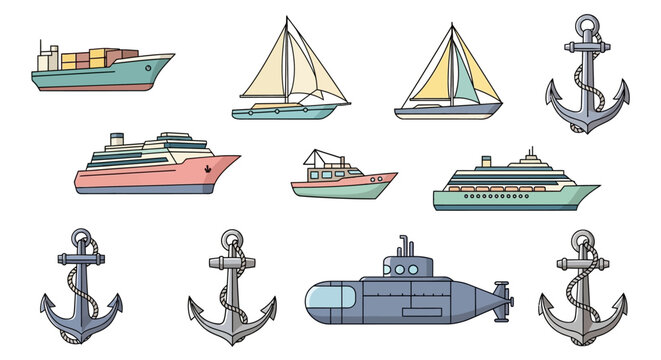Nautical anchors and various boats.