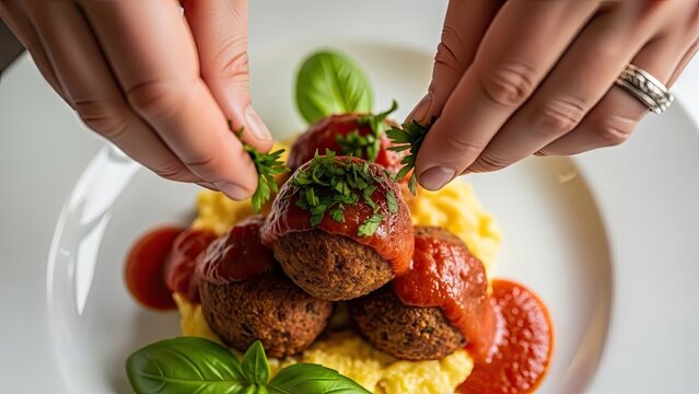 Chef Garnishing Delicious Meatballs with Fresh Basil and Tomatoes.