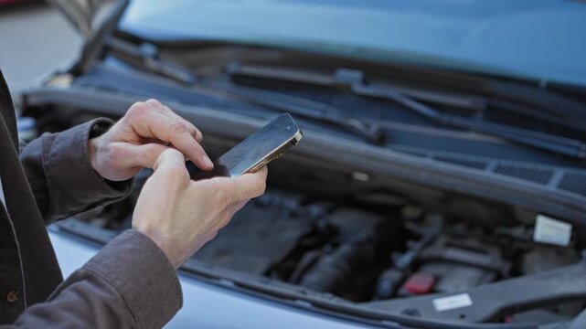 Man tapping smartphone with bare hands beside a car engine on street with open hood after breakdown; seeking help urgency.