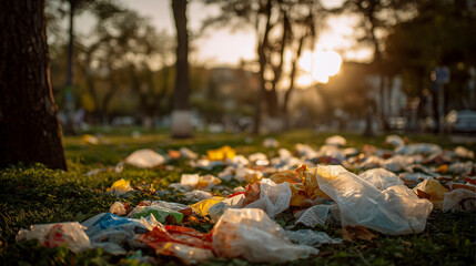 Obraz premium Plastic Trash and Litter Scattered Across a Grassy Park at Sunset
