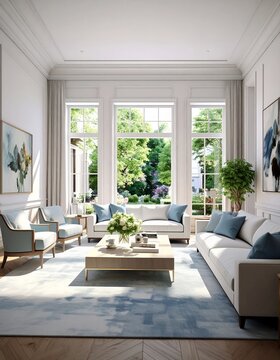 Elegant Living Room with Large Windows Overlooking a Lush Garden.
