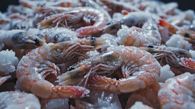 A large pile of freshly caught, raw and uncooked crustaceans covered in ice crystals, ready for culinary preparation