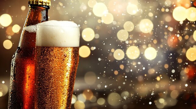 Brown beer bottle & glass filled with frothy beverage, festive bokeh background