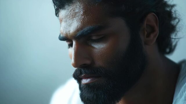 A bearded man with an intense expression looking to the right. Portrait shot with dramatic lighting and a dark background, conveying seriousness and character depth.