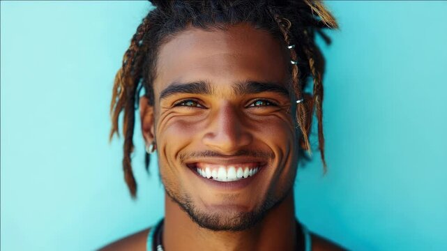 Caucasian male with dreadlocks smiling into the camera.