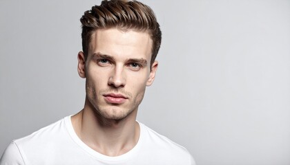 Obraz premium Portrait of a handsome man with light brown hair and a white tee on a plain background