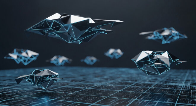 Autonomous warfare concept with abstract drone-like geometric forms hovering over a dark digital terrain grid, cold futuristic aesthetic, no text.