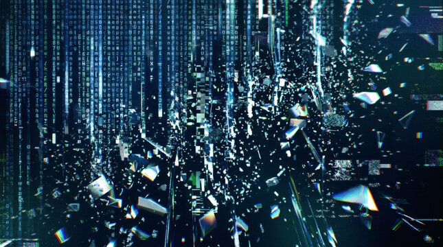 Data collapse concept with cascading streams of information breaking into fragmented particles, representing systemic digital failure, glitch-heavy style, no text.
