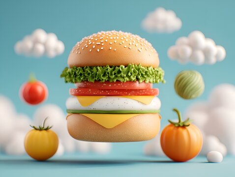 An appetizing 3D render of a classic hamburger with fresh ingredients floating playfully against a whical sky of soft white clouds.