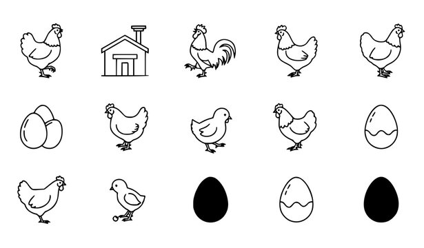 Modern chicken icon collection outline and silhouette poultry farm vector icons isolated on white background