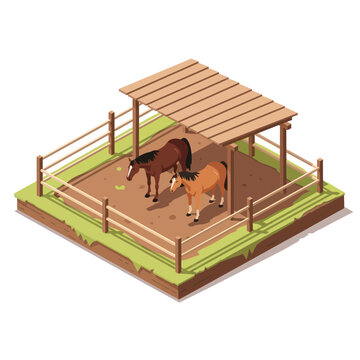 Isometric View of Two Horses in a Wooden Paddock with Shelter.