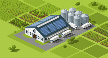 Modern Agricultural Farm Building with Solar Panels and Silos. © Rejeki
