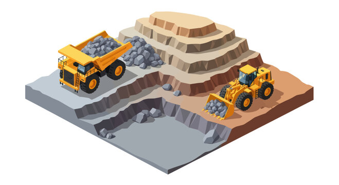 Mining operation with heavy machinery and extracted materials.