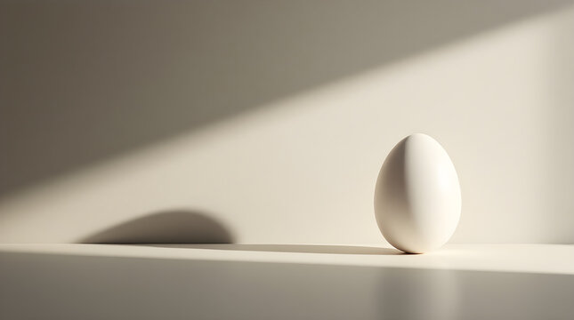 Single white chicken egg placed on solid surface against neutral wall with dramatic directional natural light and cast shadow minimalist style