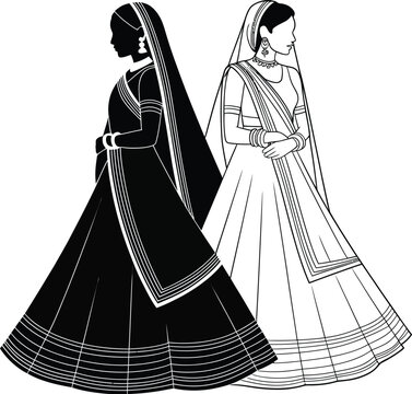 Traditional Indian bride vector illustration, elegant women in lehenga choli and dupatta, black and white ethnic wedding fashion silhouettes