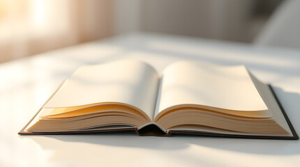 Naklejka premium Open book with blank pages on a white table under soft natural morning sunlight close-up low angle view