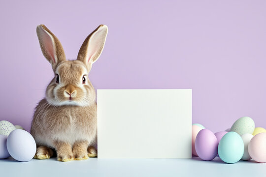 Blank mock up card and an adorable Easter Bunny on the purple background