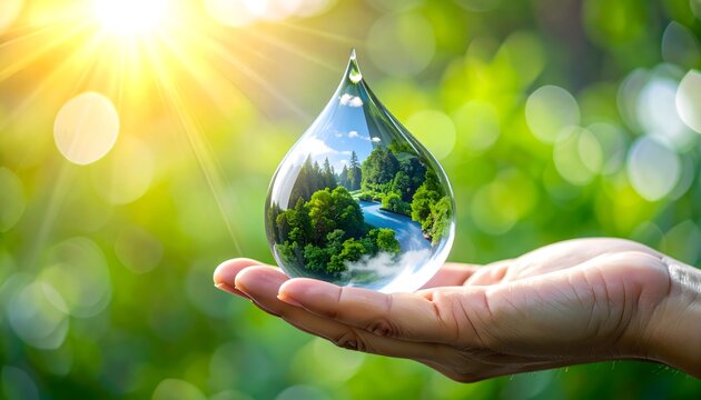 Hand holding clear water droplet reflecting green forest and river under golden sunlight, symbolizing nature's beauty, environmental protection, and water conservation