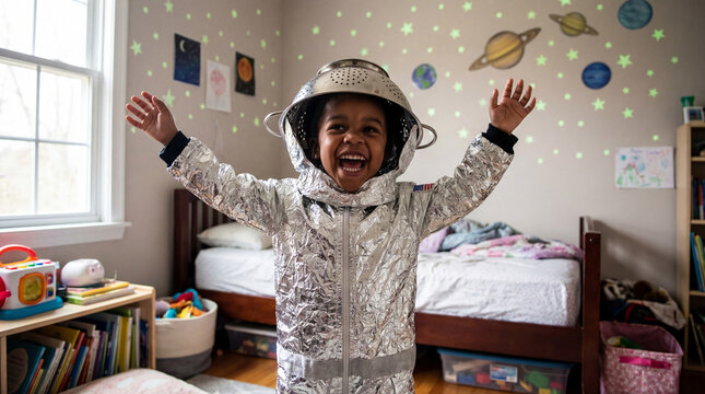 International Space Flight Day child astronaut cosplay celebrating with handmade costume for educational poster campaign social media banner design