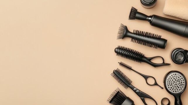 Various black hair styling tools, combs, and dryers arranged against a neutral, peachy background