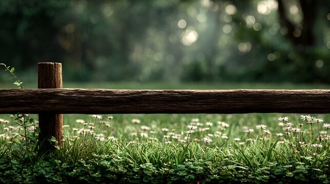 A weathered wooden fence stands amidst a lush meadow filled with delicate wildflowers under the soft glow of dd sunlight filte down.