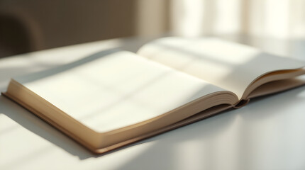 Fototapeta premium An open hardcover book with blank white pages resting on a table under soft morning sunlight creating shadows in a minimalist indoor setting