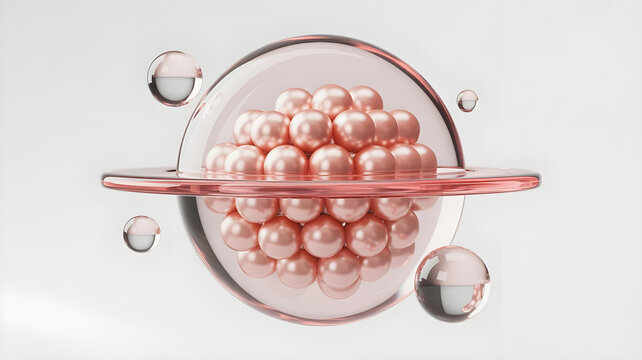 Abstract rendering of encapsulated rose gold spheres symbolizing complex molecular structure or luxurious cosmetic ingredient suspension