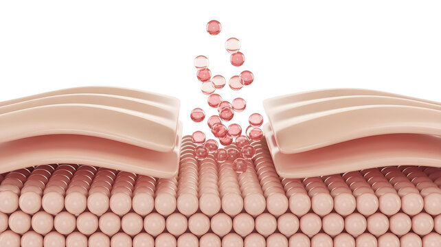 Microscopic rendering depicts cosmetic serum capsules penetrating deeply between layers of human skin for cellular repair and hydration benefits