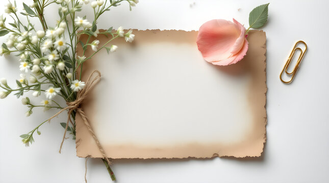 Blank aged vintage paper card with wildflowers and a single pink rose petal on a white background, flat lay top view composition