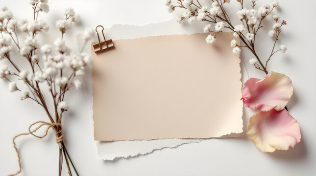 Blank beige paper card with metallic clip, decorated with white baby breath flowers and pink rose petals on a bright white background