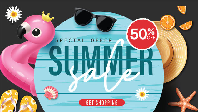 Summer Sale Vector Banner with Pink Flamingo Float Summer Hat and 50 Percent Off Discount Badge