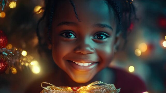 Smiling black child wearing a red sweater, holding a string of lights. The background is blurred with twinkling christmas lights and ornaments. A joyful holiday moment.