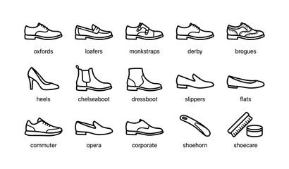 Obraz premium Variety of footwear icons: oxfords, loafers, brogues, heels, chelsea boots, slippers, dress shoes, accessories