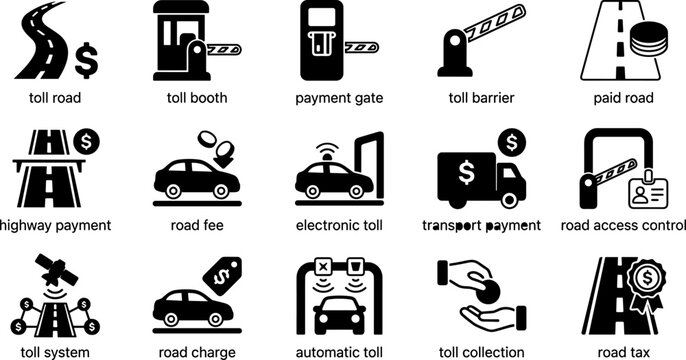 Toll road icons: booth, barrier, payment gate, road access control