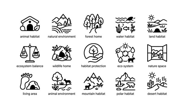 Eco icons: animal habitat, natural environment, forest and water ecosystems