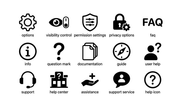 Settings and support icons: visibility, privacy, and assistance