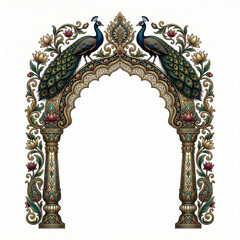 Naklejka premium An ornate symmetrical archway features two peacocks surrounded by vibrant floral patterns and intricate detailing evoking a regal aesthetic high quality
